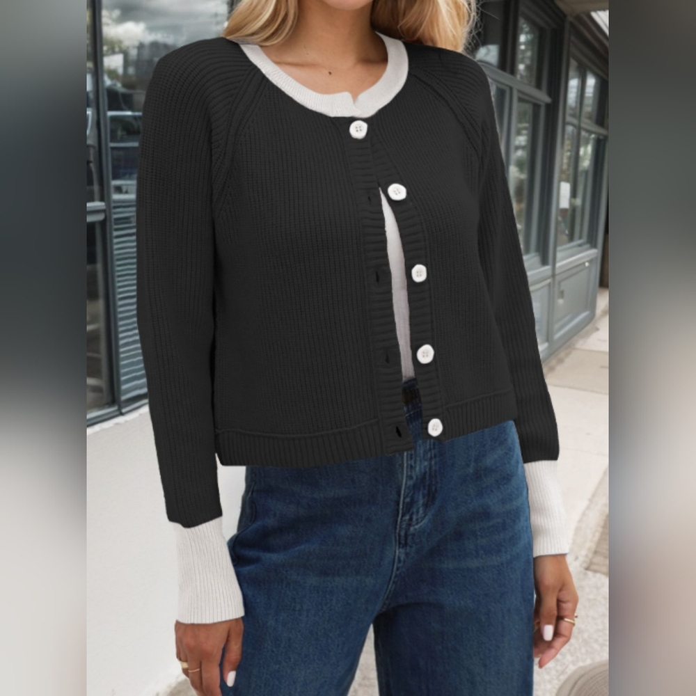 Contrast Button Up Long Sleeve Cardigan - Picture 1 of 6
